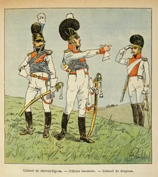 Ilustracja autorstwa Bombled Louis (1862-1927) z książki „Memoriał św. Heleny” hrabiego Emmanuela de Las Przypadki (1766-1842): Wojsko bawarskie: pułkownik lekkich koni; oficer bawarski; Pułkownik Smoków, kolekcja prywatna