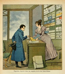Ilustracja autorstwa Bombled Louis (1862-1927) z książki „Memoriał św. Heleny” hrabiego Emmanuela de Las Cases (1766-1842): Przebranie cesarza Napoleona w sklepie przy Rue Saint Denis, kolekcja prywatna