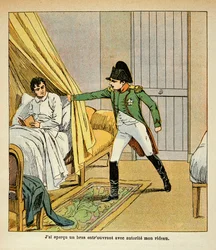 Ilustracja autorstwa Bombleda Louisa (1862-1927) z książki "The Memorial of Saint Helene" hrabiego Emmanuela de Las Cases (1766-1842): Napoleon budzi Las Casesa w łóżku w St. Helene, kolekcja prywatna