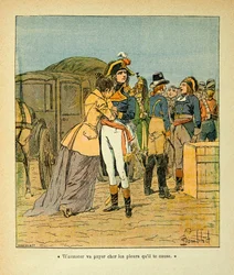 Ilustracja Bombled Louis (1862-1927) z książki „Memoriał św. Heleny” hrabiego Emmanuela de Las Cases (1766-1842): Bonaparte pociesza Józefinę po ataku na jego samochód podczas kampanii włoskiej, Kolekcja prywatna