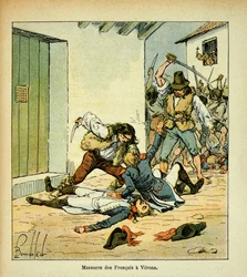Ilustracja Bombled Louis (1862-1927) z książki „Memoriał św. Heleny” hrabiego Emmanuela de Las Cases (1766-1842): Masakra żołnierzy francuskich w Weronie, zbiory prywatne