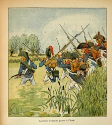 Ilustracja autorstwa Bombled Louis (1862-1927) z książki „Memoriał św. Heleny” hrabiego Emmanuela de Las Cases (1766-1842): Armia francuska przechodzi przez Piave podczas kampanii włoskiej, kolekcja prywatna
