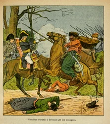 Ilustracja Bombled Louis (1862-1927) z książki „Memoriał św. Heleny” hrabiego Emmanuela de Las Cases (1766-1842): Napoleon zaskoczony Brienne przez kozaków, kolekcja prywatna
