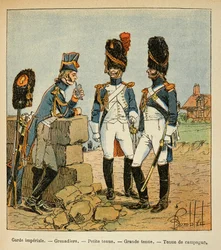 Ilustracja autorstwa Bombleda Louisa (1862-1927) z książki "Pamiątka Świętej Heleny" autorstwa hrabiego Emmanuela de Las Cases (1766-1842): Grenadierzy Gwardii Cesarskiej: Mały strój, duży strój i strój wiejski, Kolekcja prywatna