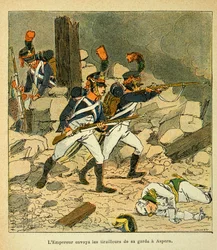 Ilustracja autorstwa Bombled Louis (1862-1927) z książki „Memoriał św. Heleny” hrabiego Emmanuela de Las Cases (1766-1842): Cesarz Napoleon wysłał swoją straż do Aspern podczas bitwy pod Essling