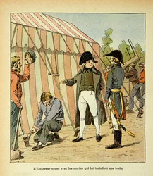 Ilustracja Bombled Louis (1862-1927) z książki „Memoriał św. Heleny” hrabiego Emmanuela de Las Cases (1766-1842): Cesarz Napoleon rozmawia z marynarzami, którzy ustawili dla niego namiot, kolekcja prywatna