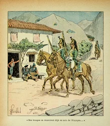 Ilustracja autorstwa Bombled Louis (1862-1927) z książki „The Memorial of Saint Helene” hrabiego Emmanuela de Las Cases (1766-1842): Francuskie wojska podczas wojny hiszpańskiej, kolekcja prywatna