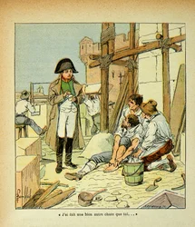 Ilustracja Bombleda Louisa (1862-1927) z książki „Pamiętnik z Wyspy Świętej Heleny” hrabiego Emmanuela de Las Cases (1766-1842): Na wyspie Elba upadł murarz pracujący przy budynkach zleconych przez cesarza. Napoleon, próbując go pocieszyć, powiedział