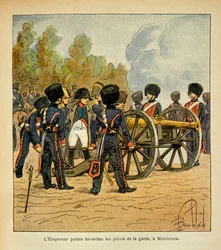 Ilustracja autorstwa Bombled Louis (1862-1927) z książki „Memoriał św. Heleny” hrabiego Emmanuela de Las Cases (1766-1842): sam cesarz Napoleon celuje z broni Gwardii w bitwie pod Montereau, kolekcja prywatna
