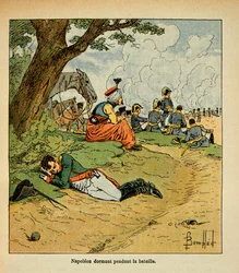 Ilustracja Bombled Louis (1862-1927) z książki „Memoriał św. Heleny” hrabiego Emmanuela de Las Cases (1766-1842): Cesarz Napoleon śpiący podczas bitwy, kolekcja prywatna