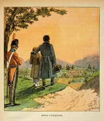 Ilustracja autorstwa Bombled Louisa (1862-1927) z książki „The Memorial of Saint Helene” hrabiego Emmanuela de Las Cases (1766-1842): Pożegnanie z Las Cases i jego synem z Longwood, kolekcja prywatna