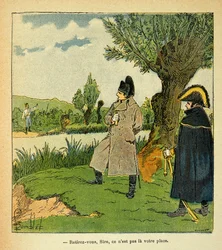 Ilustracja autorstwa Bombled Louis (1862-1927) z książki „Memoriał św. Heleny” hrabiego Emmanuela de Las Cases (1766-1842): Na wyspie Laubo podczas bitwy pod Esling Napoleon ryzykuje, austriacki oficer wzywa cesarza „” Withdr