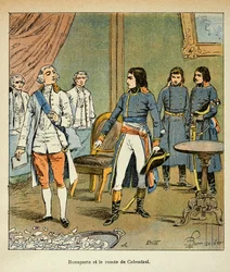 Ilustracja Bombled Louis (1862-1927) z książki „Memoriał św. Heleny” hrabiego Emmanuela de Las Cases (1766-1842): Wywiad Bonapartego z hrabią Louisem Cobenzlem, kanclerzem Austrii podczas handlu Campo Formio, Prywatna kolekcja