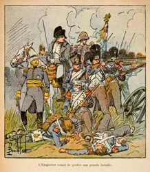 Ilustracja autorstwa Bombled Louis (1862-1927) z książki „Memoriał św. Heleny” hrabiego Emmanuela de Las Cases (1766-1842): Cesarz Napoleon w bitwie pod Waterloo w 1815 r., kolekcja prywatna