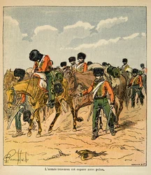 Ilustracja Bombled Louis (1862-1927) z książki „Memoriał św. Heleny” hrabiego Emmanuela de Las Cases (1766-1842): Armia cesarska z trudem przemierza rosyjskie równiny przed Moskwą, zbiory prywatne