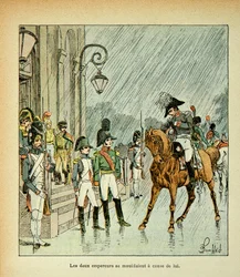Ilustracja Bombled Louis (1862-1927) z książki „Memoriał św. Heleny” hrabiego Emmanuela de Las Cases (1766-1842): Cesarz Napoleon, król pruski i car Aleksander I (1777-1825) w Tilsitt Traktat z 1807 r., Kolekcja prywatna