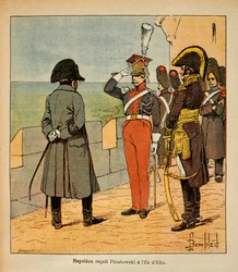 Ilustracja Bombled Louis (1862-1927) z książki „Pomnik św. Heleny” hrabiego Emmanuela de Las Cases (1766-1842): Cesarz Napoleon odbiera Marechala Poniatowskiego na wyspie Elba, zbiory prywatne