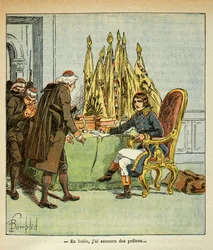 Ilustracja autorstwa Bombleda Louisa (1862-1927) z książki "The memorial se Sainte Helene" autorstwa hrabiego Emmanuela de Las Cases (1766-1842): Podczas kampanii włoskiej Bonaparte ratuje księży, Kolekcja prywatna
