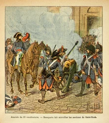 Ilustracja Bombled Louisa (1862-1927) z książki „The memorial se Sainte Helene” hrabiego Emmanuela de Las Cases (1766-1842): 13-tego piątku Bonaparte strzela z armaty do fragmentów świętego Rocha, Prywatna kolekcja