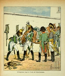 Ilustracja Bombled Louis (1862-1927) z książki „The memorial se Sainte Helene” hrabiego Emmanuela de Las Cases (1766-1842): Cesarz Napoleon inspekcyjny w szkole Saint Germain, kolekcja prywatna