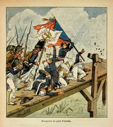 Ilustracja Bombled Louis (1862-1927) z książki „The memorial se Sainte Helene” hrabiego Emmanuela de Las Cases (1766-1842): Bonaparte na moście Arcole, kolekcja prywatna