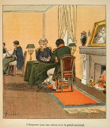 Ilustracja zbombardowanego Louisa (1862-1927) z książki „Memoriał św. Heleny” hrabiego Emmanuela de Las Cases (1766-1842): Napoleon i Wielki Marechal Henri Gatien Bertrand (1773-1844) grający w szachy w sierpniu 1816 w Ste Helene, kolekcja prywatna