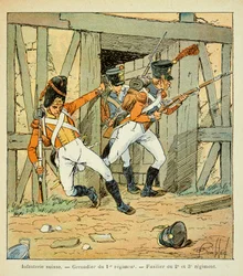 Ilustracja zbombardowanego Ludwika (1862-1927) z książki „Memoriał św. Heleny” hrabiego Emmanuela de Las Przypadki (1766-1842): Piechota szwajcarska: Grenadier 1. pułku i fizylier 2., 3. i 3. pułku, Prywatna kolekcja