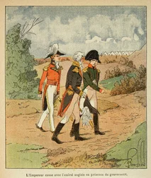 Ilustracja Louisa Bombleda (1862-1927) z książki „Pamiętnik ze Świętej Heleny” hrabiego Emmanuela de Las Casesa (1766-1842): Rozmowa Napoleona, gubernatora Hudsona Mowe