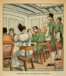 Ilustracja zbombardowanego Louisa (1862-1927) z książki „Memoriał Świętej Heleny” hrabiego Emmanuela de Las Cases (1766-1842): Kolacja cesarza Napoleona na pokładzie Northumberland w drodze do St. Helene z panią De Montholon po jej lewej, szeregowiec