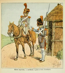 Ilustracja zbombardowanego Louisa (1862-1927) z książki „Memoriał św. Heleny” hrabiego Emmanuela de Las Cases (1766-1842): Gwardia cesarska: artyleria pieszo i pociąg artyleryjski, kolekcja prywatna
