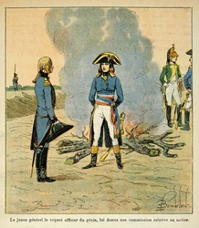 Ilustracja zbombardowanego Louisa (1862-1927) z książki „Memoriał św. Heleny” hrabiego Emmanuela de Las Cases (1766-1842): pierwsze spotkanie Bonapartego z marszałkiem Henri Gatien Bertrand (1773-1844), a następnie oficerem dżina w armii Włoch