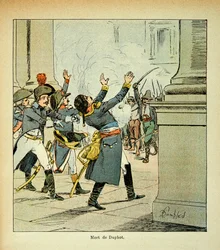 Ilustracja Louisa Bombleda (1862-1927) z książki „Pamiętnik z Wyspy Świętej Heleny” hrabiego Emmanuela de Las Casesa (1766-1842): zabójstwo generała Léonarda Duphota (1769-1797) w Rzymie w 1797 roku, kolekcja prywatna