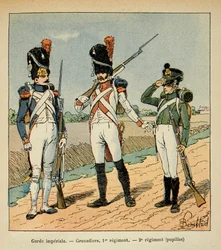 Ilustracja zbombardowanego Louisa (1862-1927) z książki „Memoriał św. Heleny” hrabiego Emmanuela de Las Cases (1766-1842): Garde Imperiale; Grenadier 1 pułku; uczniowie 2 pułku, kolekcja prywatna