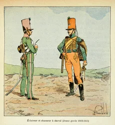 Ilustracja zbombardowanego Ludwika (1862-1927) z książki „Memoriał św. Heleny” hrabiego Emmanuela de Las Przypadki (1766-1842): Armee Francaise: Zwiadowca i łowca młodego strażnika 1813 - 1815, zbiory prywatne