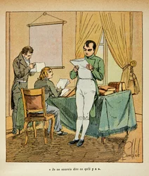 Ilustracja zbombardowanego Louisa (1862-1927) z książki „Memoriał św. Heleny” hrabiego Emmanuela de Las Cases (1766-1842): czytanie angielskich gazet przez Napoleona a Ste Helene, kolekcja prywatna