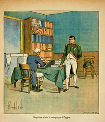 Ilustracja przedstawiająca Ludwika Bombleda (1862-1927) z książki "Memoriał Świętej Heleny" autorstwa hrabiego Emmanuela de Las Cases (1766-1842): Na wygnaniu cesarz Napoleon dyktuje swoje memoriały wielkiemu marechalowi Henri Gatien Bertrandowi (1773-1844