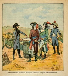 Ilustracja przedstawiająca Ludwika Bombleda (1862-1927) z książki "Pamiątka Świętej Heleny" autorstwa hrabiego Emmanuela de Las Cases (1766-1842): Napoleon Bonaparte demaskuje swój plan zdobycia Tulonu przed komisarzami Republiki, zbiory prywatne