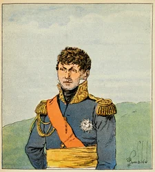 Ilustracja zbombardowanego Louisa (1862-1927) z książki „Memoriał św. Heleny” hrabiego Emmanuela de Las Cases (1766-1842): Portret Marechala Victora (Claude Victor Perrin