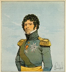 Ilustracja zbombardowanego Louisa (1862-1927) z książki „Memoriał św. Heleny” hrabiego Emmanuela de Las Cases (1766-1842): Portret marechala Jeana Baptiste Bernadotte (1763-1844) znanego jako Sierżant Belle Leg, Prince Ponte Corvo, króla Sue