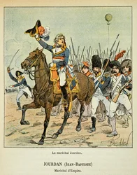 Ilustracja zbombardowanego Louisa (1862-1927) z książki „Memoriał św. Heleny” hrabiego Emmanuela de Las Cases (1766-1842): Marechal Jean Baptiste Jourdan (1762-1833) na czele swoich oddziałów, kolekcja prywatna