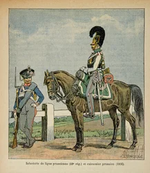 Ilustracja zbombardowanego Ludwika (1862-1927) z książki „Pomnik św. Heleny” hrabiego Emmanuela de Las Cases (1766-1842): Piechota linii pruskiej (42, pułk eme) i pruskie pancerniki