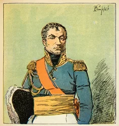 Ilustracja zbombardowanego Louisa (1862-1927) z książki „Memoriał św. Heleny” hrabiego Emmanuela de Las Cases (1766-1842): Portret marszałka Nicolasa Charlesa Oudinota (1767-1847), księcia Reggio, kolekcja prywatna