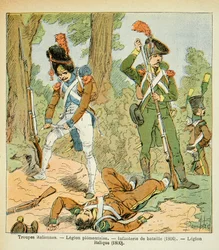 Ilustracja zbombardowanego Louisa (1862-1927) z książki „Memoriał św. Heleny” hrabiego Emmanuela de Las Przypadki (1766-1842): Oddziały włoskie, Legion Piemontaise: Piechota Bojowa (1806, Legion Italic (1800), kolekcja prywatna