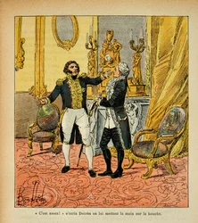 Ilustracja zbombardowanego Louisa (1862-1927) z książki „Memoriał św. Heleny” hrabiego Emmanuela de Las Cases (1766-1842): Talleyrand (1754-1838) w obliczu dekretów Denisa (1761-1820) Kolekcja prywatna
