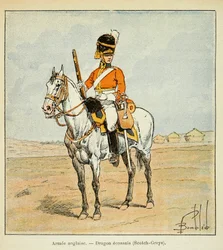 Ilustracja zbombardowanego Louisa (1862-1927) z książki „The Memorial of Saint Helene” hrabiego Emmanuela de Las Cases (1766-1842): English Armee: Scottish Dragons (scotch greys), kolekcja prywatna