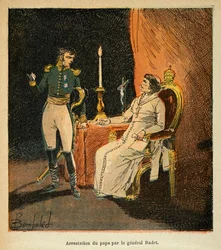Ilustracja zbombardowanego Louisa (1862-1927) z książki „Memoriał św. Heleny” hrabiego Emmanuela de Las Cases (1766-1842): aresztowanie papieża Piusa VII przez generała Stephena Radeta (1762-1825) w 1809 r., zbiory prywatne