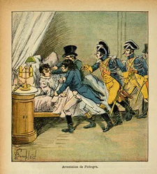 Ilustracja zbombardowanego Louisa (1862-1927) z książki „The memorial se Sainte Helene” hrabiego Emmanuela de Las Cases (1766-1842): Aresztowanie Jeana Charlesa Pichegru (1761-1804) w dniu 28 lutego 1804 r. Zbiory prywatne