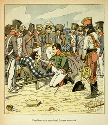 Ilustracja zbombardowanego Louisa (1862-1927) z książki „The memorial se Sainte Helene” hrabiego Emmanuela de Las Cases (1766-1842): Śmierć Marechala Jeana Lannesa (1769-1809), Cesarz Napoleon ma swoje Cotes, szeregowiec Kolekcja