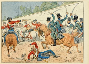 Ilustracja zaczerpnięta z książki „Les heros du Siecle”, anegdotyczne recytacje Dicka de Lonlay i ilustrowane przez Louisa Bombleda (1862-1927)