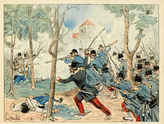 Ilustracja zaczerpnięta z książki „Bohaterowie stulecia”, anegdotyczne recytacje Dicka de Lonlaya z ilustracjami Louisa Bombleda (1862-1927)
